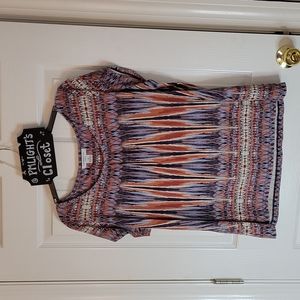 Liz Claiborne Top Cap Sleeve Flame Stitch 1X Pattern Blue Orange Ivory